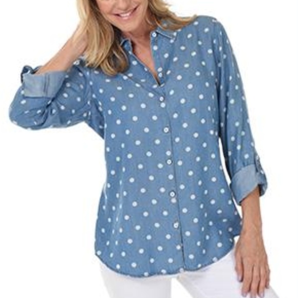 Foxcroft Tops - Super soft chambray polka dot shirt EUC